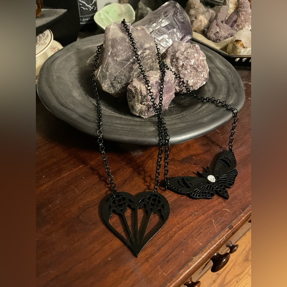 Set of resin/plastic necklaces, Gothic style heart & Death Head Moth. 18-20”.